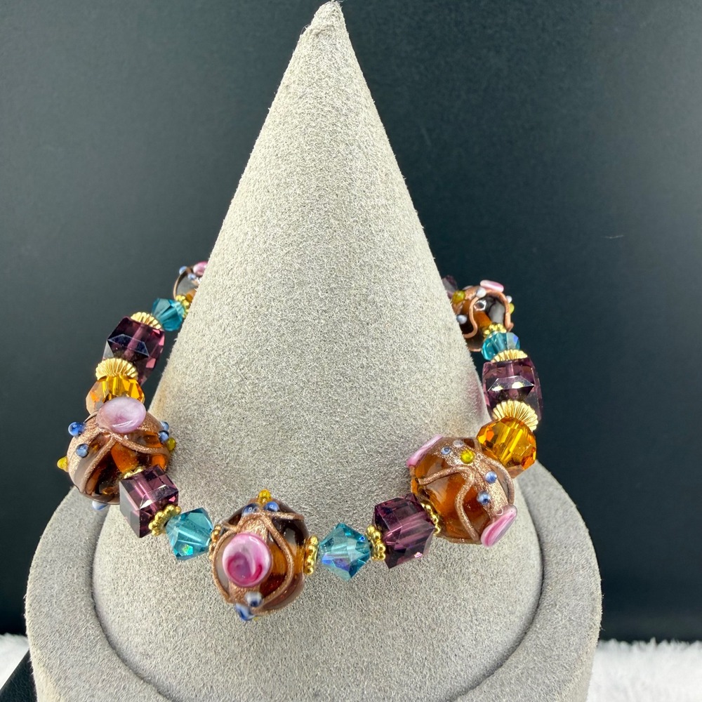 Vintage Art Glass Lamp work Bracelet Multicolor Crystal Toggle Boho 6.5"